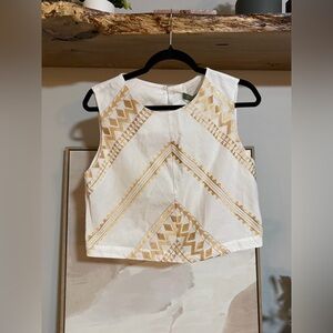 NWT 100% Greek Linen White and Gold Embroidered Sleeveless Women's Crop Top